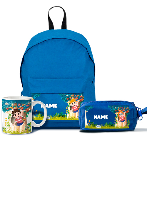 Pack zum Schulstart: Rucksack, Federmäppchen und Tasse personalisiert für Ihr Kind